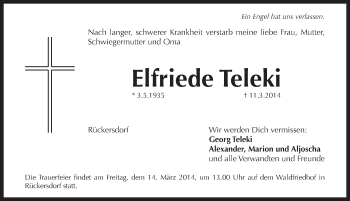 Traueranzeige von Elfriede Teleki von Pegnitz-Zeitung